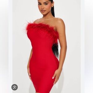 Elegant Red Feather-Trimmed Dress